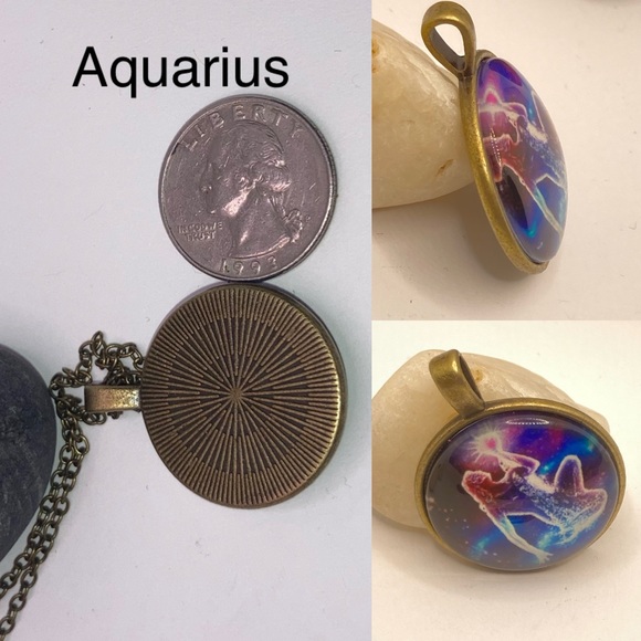 3-$10 Aquarius Cabochon Glass Zodiac Pendant Necklace - Picture 3 of 3